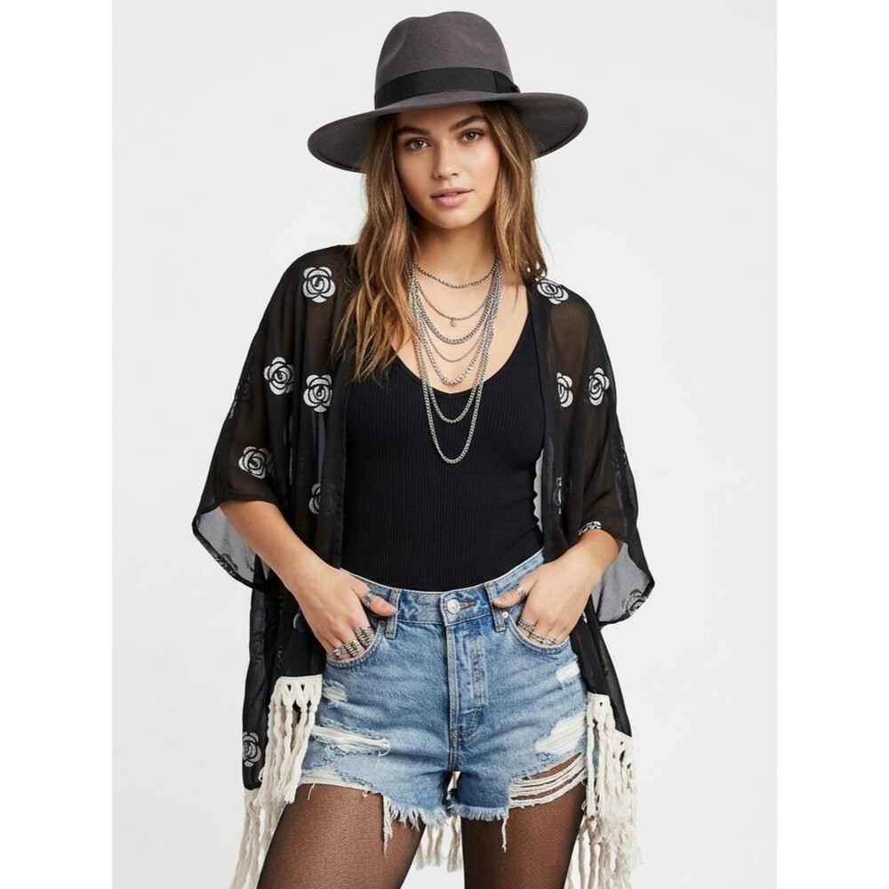 Vintage Mudd Sheer Black Kimono Cardigan with Rose Embroidery & Boho Fringe